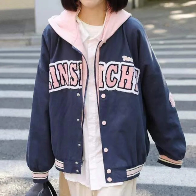 American retro letter embroidery jackets coats womens street casual trend hooded baseball uniform couple loose jacket 250116