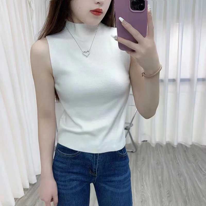 Fashion Half Turtleneck Knitted Tank Top Half High Neck Bottom Shirt Summer Women Casual Solid Color Sveless VestXJ250212