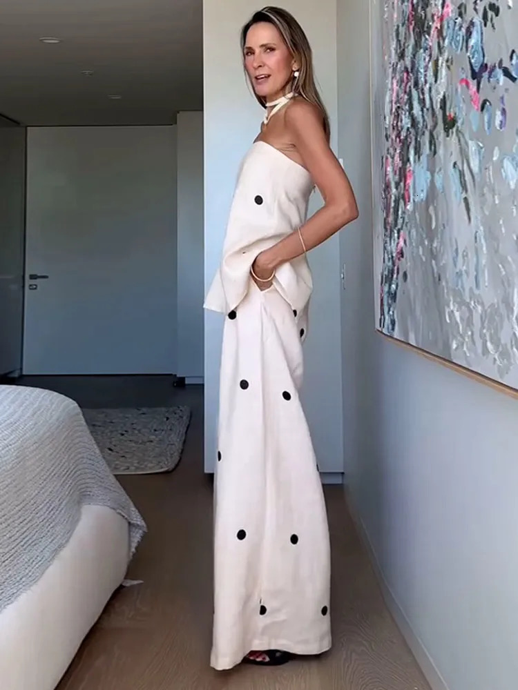 Chic Dot Printing Womens Wide Leg Long Pants Set Casual Wrapped Chest Zipper Split Tops Suit Lady Vacation Outfits Spring 250207