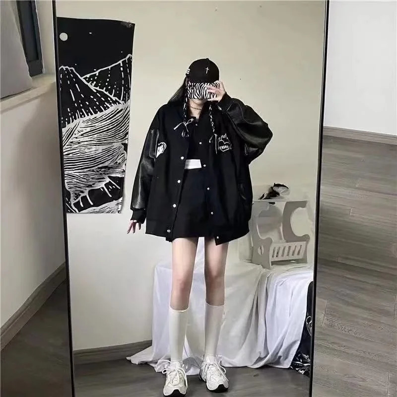 Spring Autumn Coat Womens Korean Harajuku Style Bomber Jacket Oversized Jacket Leather Pure Black Womens Jacket Cloth 250212