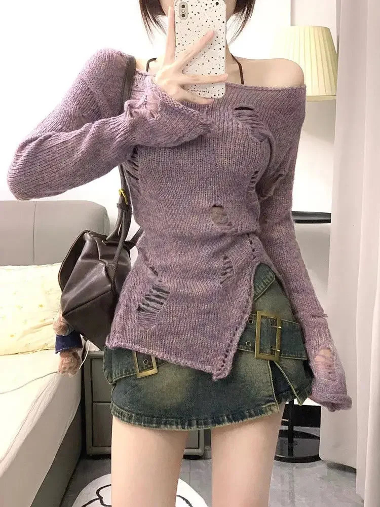 Slash Neck Hollow Out Knitted Sweater Women Loose Sweet Y2k Aesthetic Jumpers Japanese Casual Split Pullovers Trendy Tops Shirts 250210