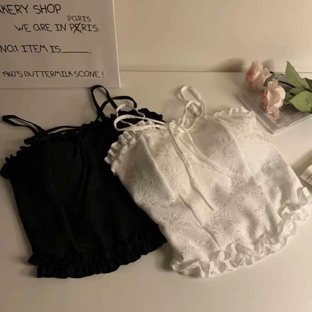 Girl Ruched Trim Crop Top Aesthetic White Black Bowknot Sling Vest Women Summer Backless Camisole Bow Tank Top Short Straps VestXJ250212