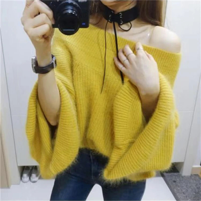 Sexy Off Shoulder Knitted Sweater Women Solid Loose Flare Sleeve Pullover Female Slash neck Mink Cashmere Sweater Jumpers 250210