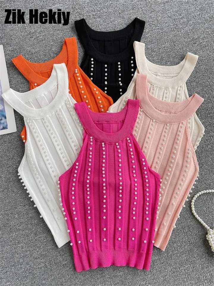 Zik Hekiy Pearls Women Tops Strapless Backless Slim Fit Senior 2024 Korean Style Fashion Streetwear Mini Knitted TankXJ250212