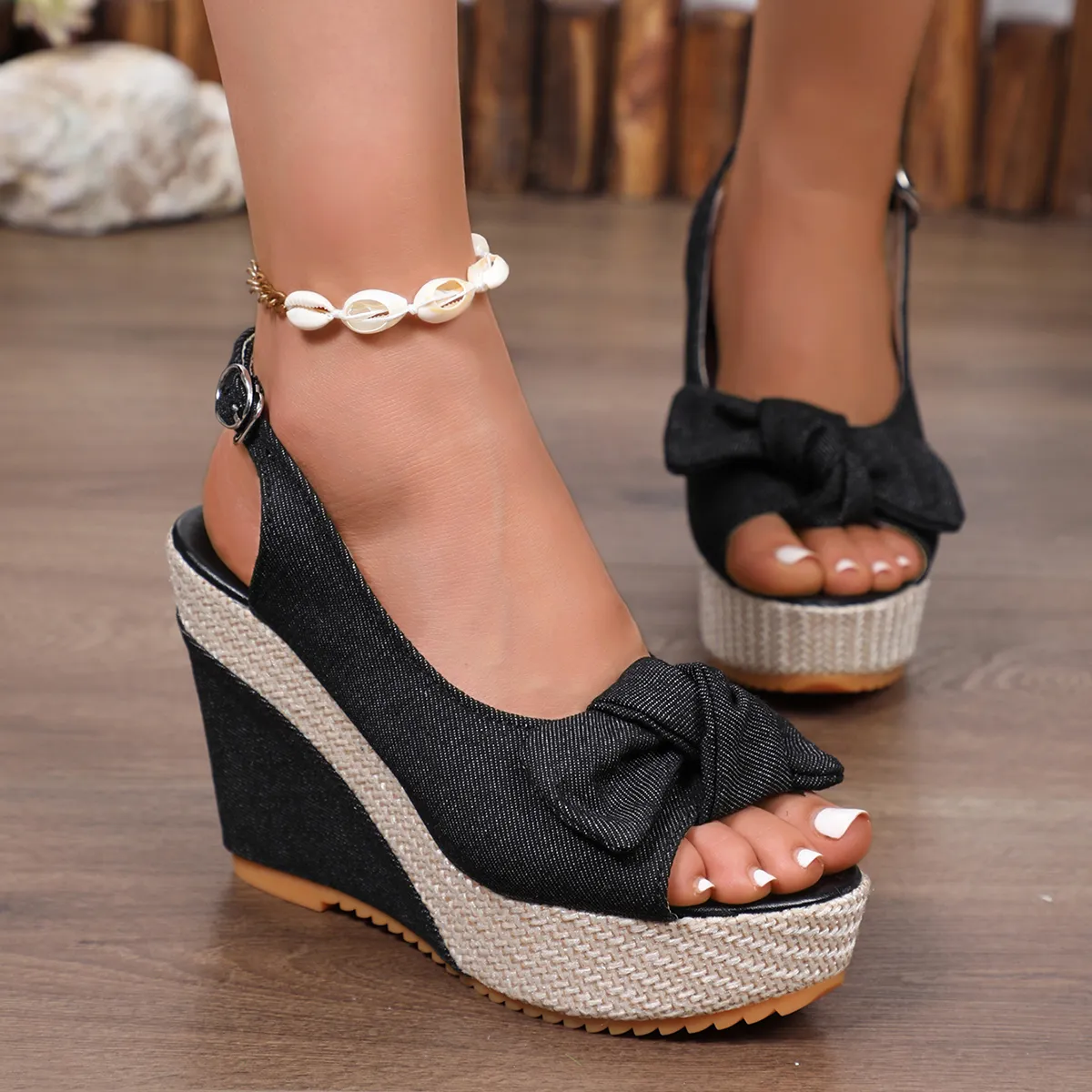 WomenAnkle Strap Peep Toe Platform Denim Wedge atos De Mujer Wedges Sandal Thick Sole Sandalias High Heel Sandals