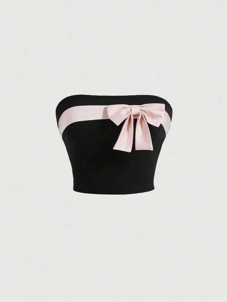 Contrast Color Bow-knot Tube Top Women Summer 2024 Sexy Party Club Strapless Sveless Backless Crop Top Y2K ClothesXJ250212