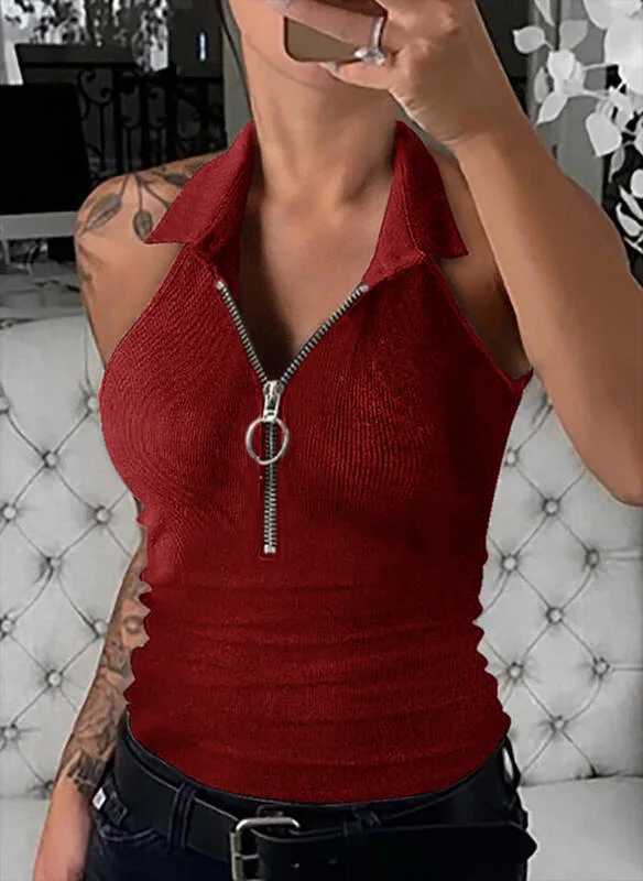 Europe and the United States new spring and summer solid color pit strip lapel zipper vest women fashion casual T-shirt womensXJ250212