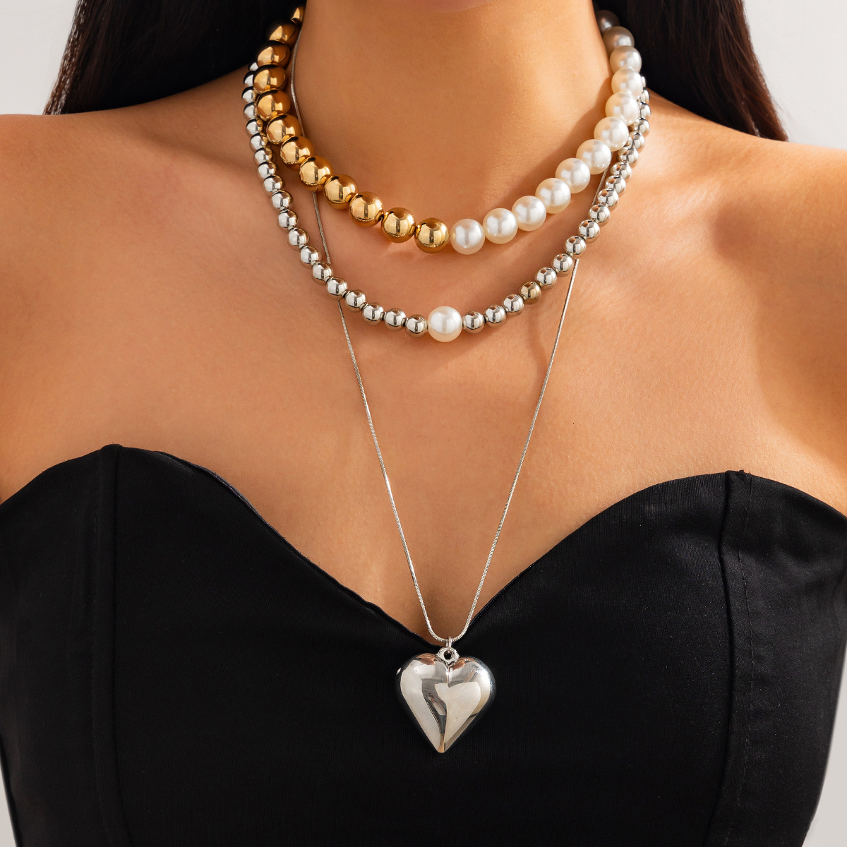 designer Fashion Jewelry Style Love Pendant French Round Pearl Bead Woman Necklace Set