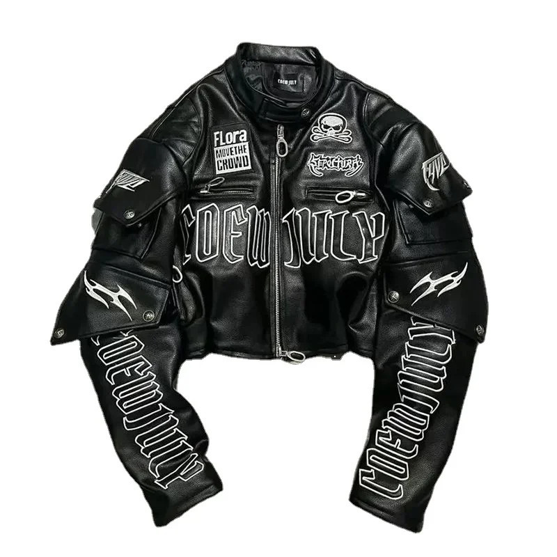 American Letter Embroidered Skull Motorcycle Style PU Leather Jacket Korean Version High Street Fashion Short Jacket Women 250208