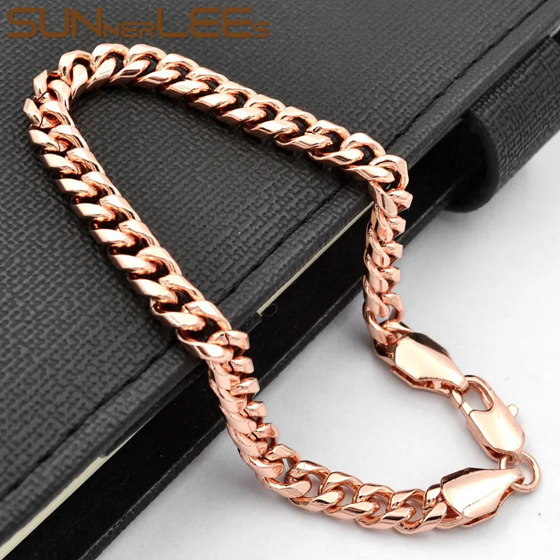 SUNNERLEES Fashion Jewelry Rose Gold Plated Bracelet 6mm Curved Cuban Chain Mens and Womens Gift C71 250211