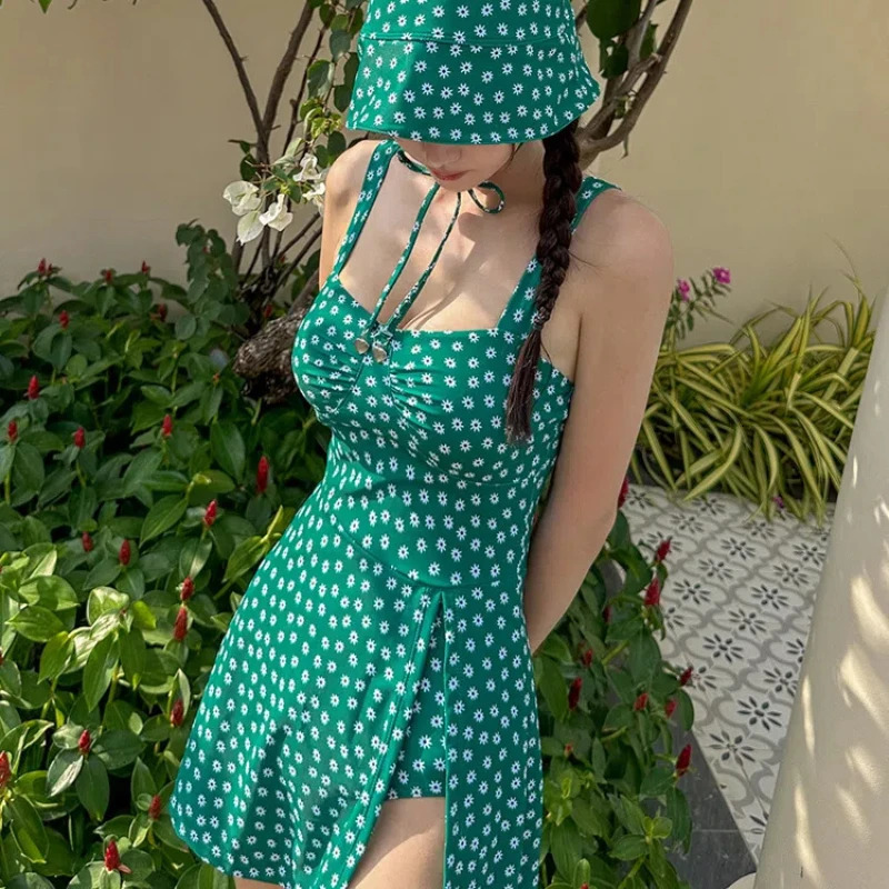 Green One Piece Swimsuit Women Swimwear Sexy Floral Print Dress with Hat Swimming Suit Korean Monokini Beach Bathing Suit 250210