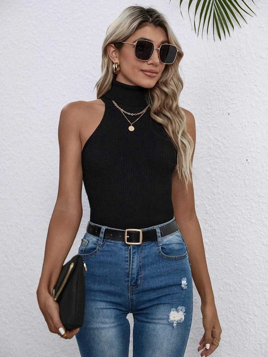 On Sale New Women Turtleneck Sveless Ribbed Knit Top Wear Clothes Femme High Stretch Y2k Cropped Tank Vest T-shirtsXJ250212