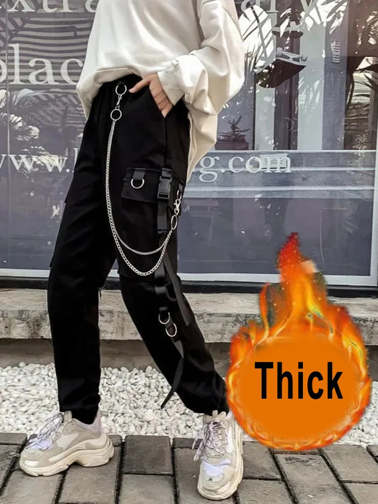 ZOKI Gothic Womens Cargo Pants Black Jogger High Waist Harajuku Harem Punk Techwear Chain Trouser Hip Hop 250211Z
