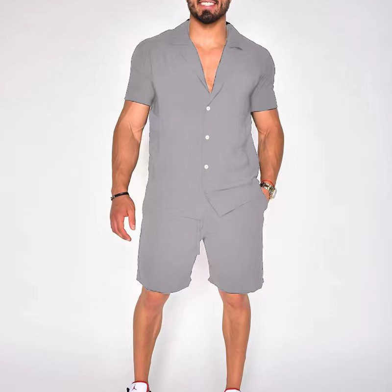 2023 Hawaiian Mens Summer Polo Collar Cotton Linen Solid Short Sleeve Shorts Set W250212