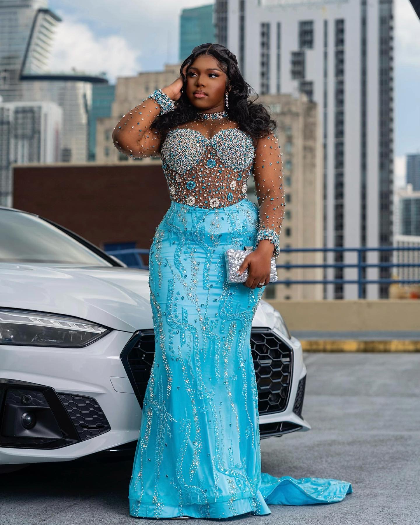 Aso Ebi 2025 Sky Blue Mermaid Prom Dresses Crystals Beaded Sequined Lace Luxurious Evening Formal Party Second Reception Birthday Gowns Dress For Spec