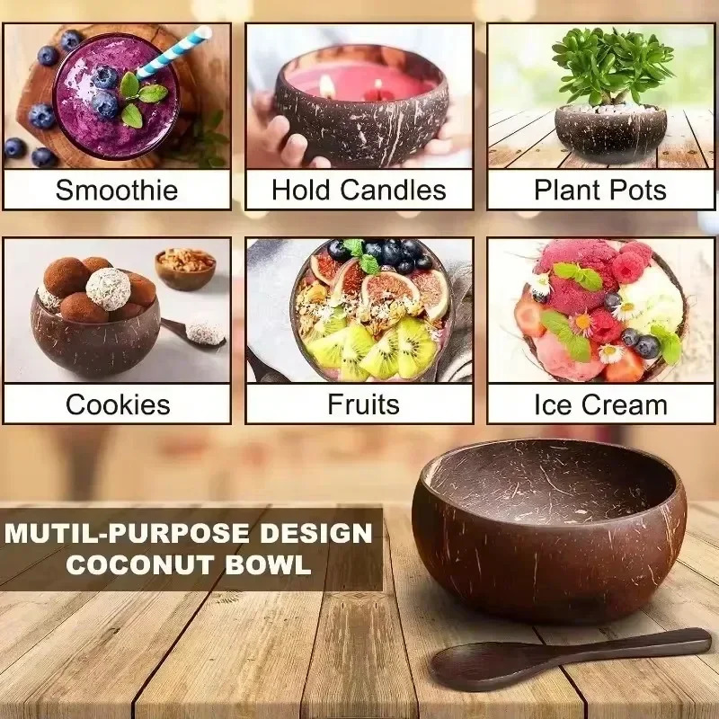 Wholesale Natural Coconut Bowls For Serving Dishes Salad Oatmeal Yogurt Reusable Wooden Coconut Shell Bowl Kitchen Tableware Set 250206