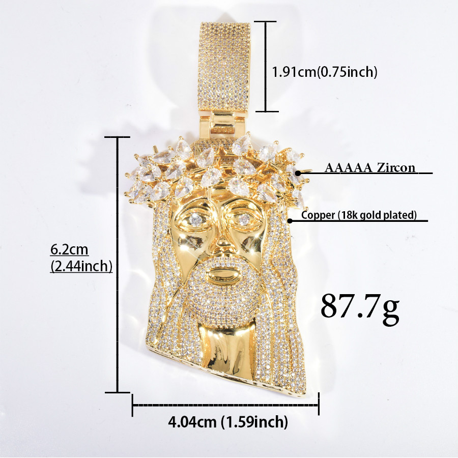Hip Hop Vintage Men Pendant Jesus Face Pendant Necklace 5A Zircon 18K Gold Plated Religion Jewelry
