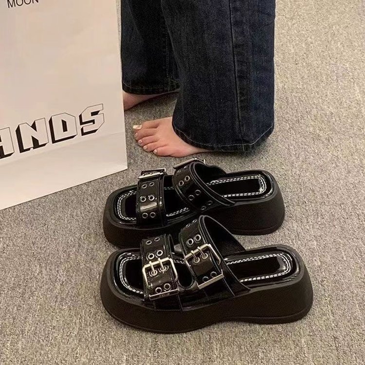 2025 new free shipping for womens designer sandals black sliver French style belt buckle thick soled height increasing slippers