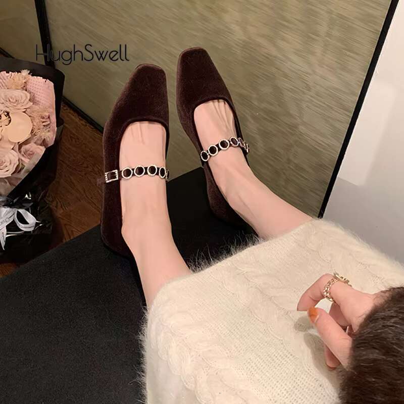 Rhie Buckle Veet Mary Janes Woman Elegant Square Toe Velour Ballet Flat Ladies Brand Design Crystal Evening Shoes