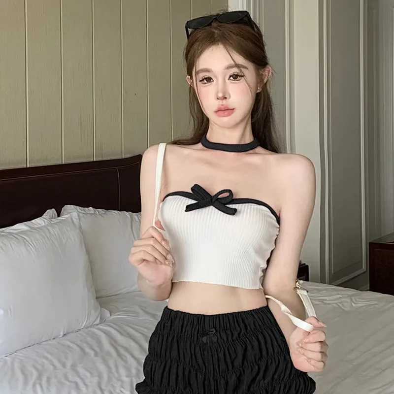 Summer Color Blocking Bow Slimming Sexy Exposed Navel Spicy Girl Short Strapless Womens Top With CollarXJ250212