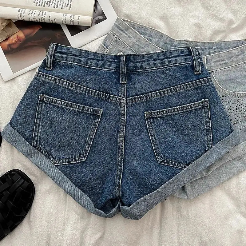 25 Retro Womens Shorts n Diamond High Waist Slim Denim Shorts Curled Wide Leg Pants for Women Ropa De Mujer 250212