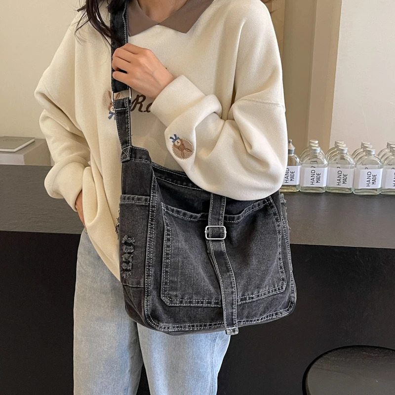 Womens Messenger Bag Vintage Denim Handbag Teenager Shoulder Tote Bags Casual Canvas Crossbody Handbags Large Capacity Bookbag 250207