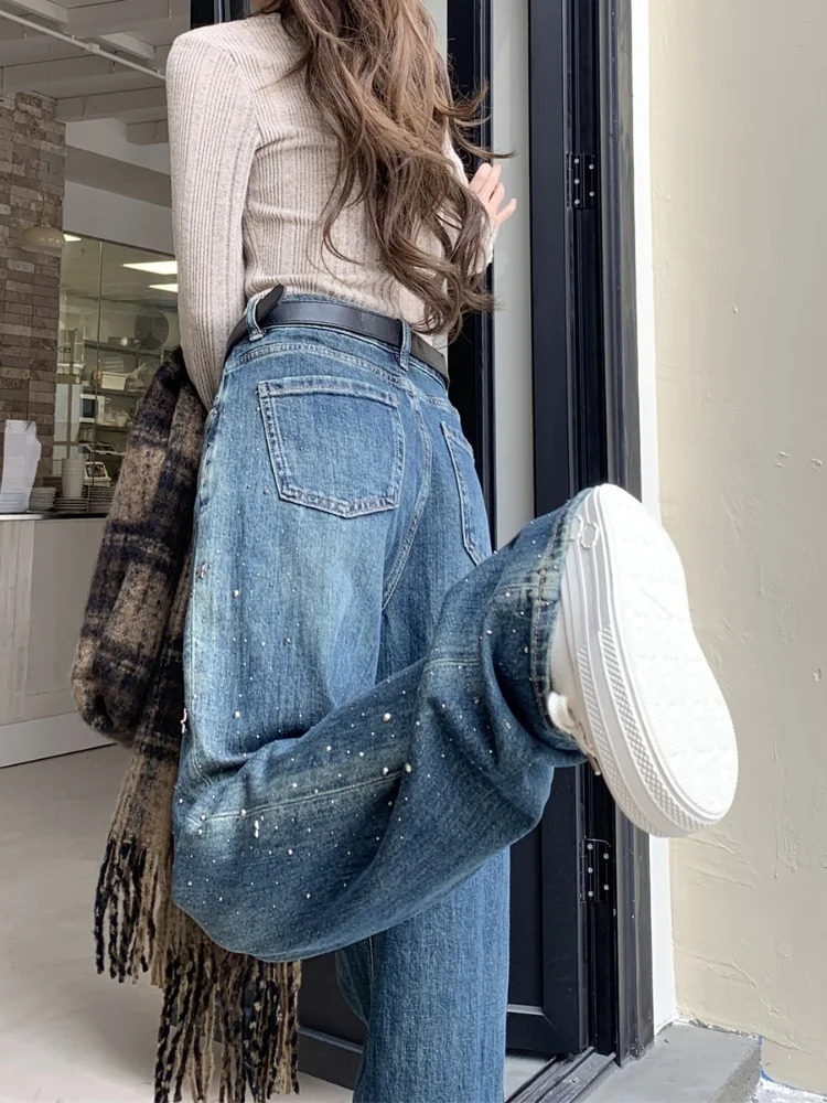 Hosen Y2K Fashion Fix Rhinestone Baggy Jeans Pants For Women Clothes Casual Lady Denim Trousers Ropa De Mujer 250212