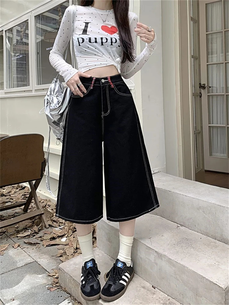 Summer Street Womens Black Regular Cropped Jeans Young Wide Leg Denim Shorts Female High Waist Loose Retro Capris Pants 250212