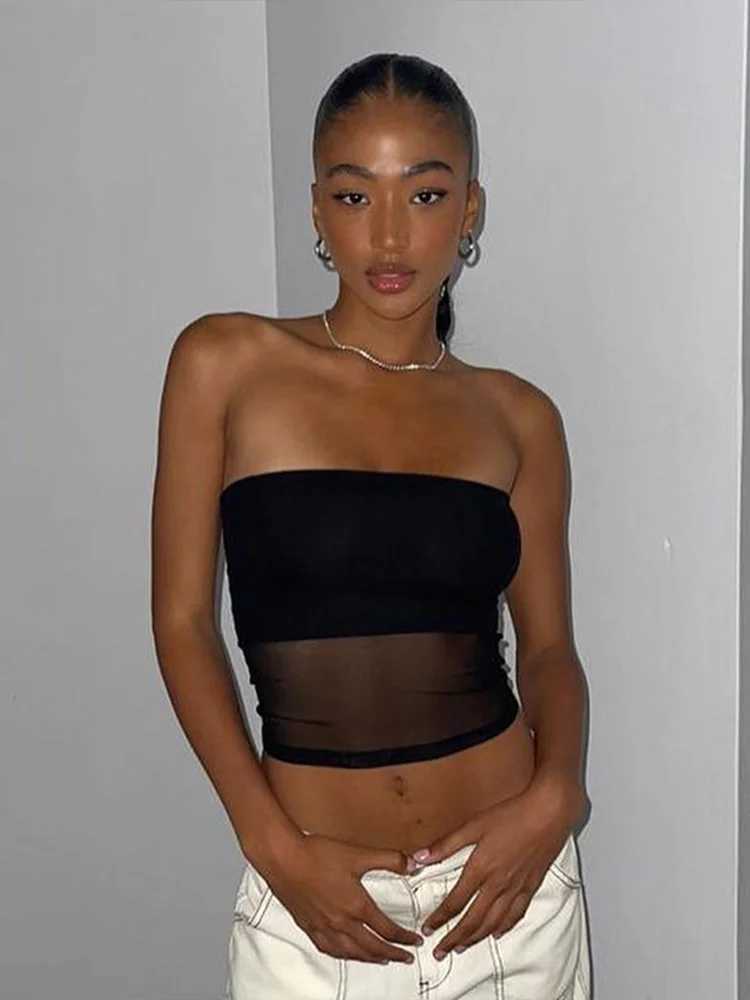 Mesh Corset Black Crop Top Women Patchwork Tube Top Sexy Sveless Off Shoulder Cami Summer Streetwear Slim Strapless Tank TopsXJ250212