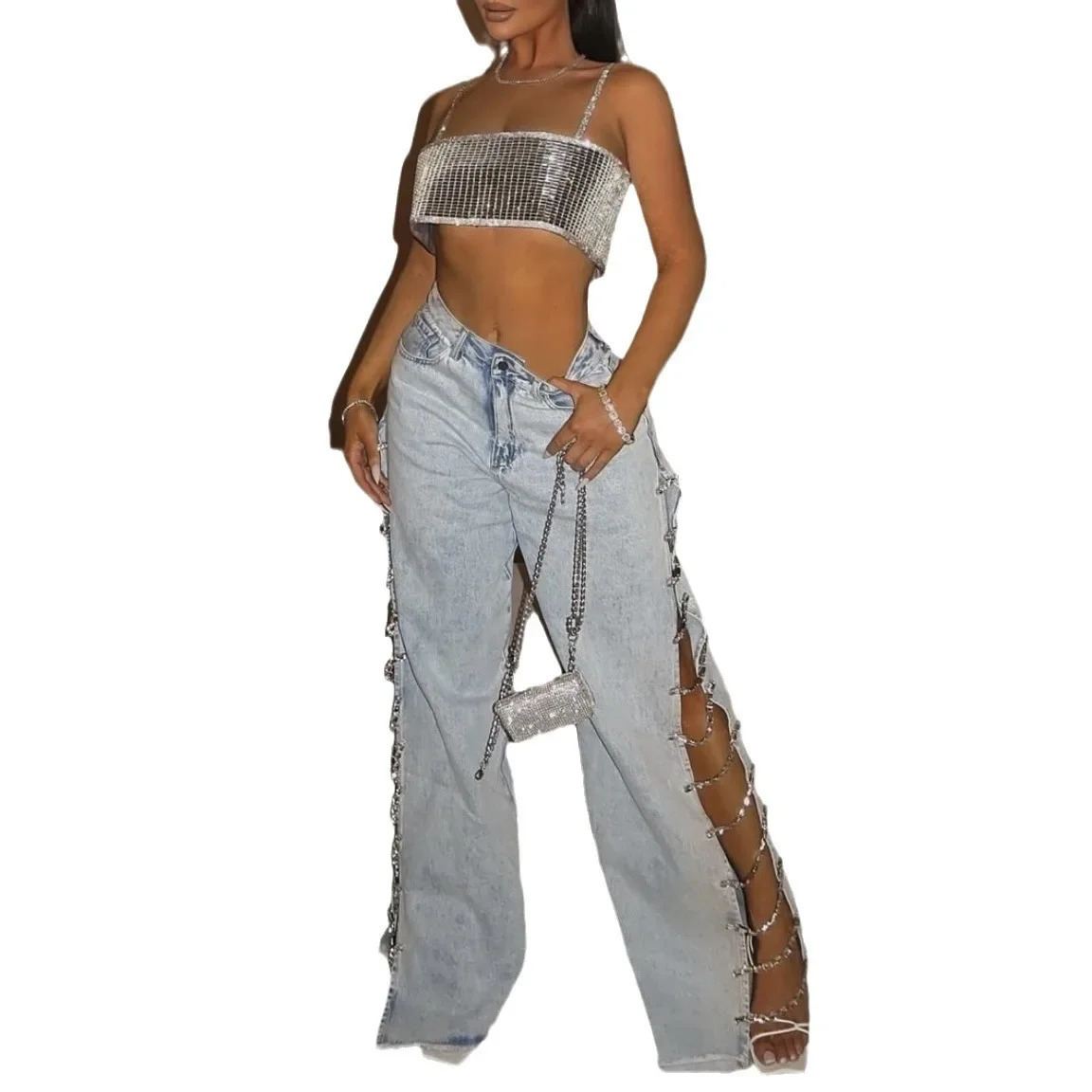 Women Sexy Denim Wide Leg Pants Low Waist Denims Vintage Jeans Casual Trousers Hollow Out Split Diamonds Chain Floor Length 250212