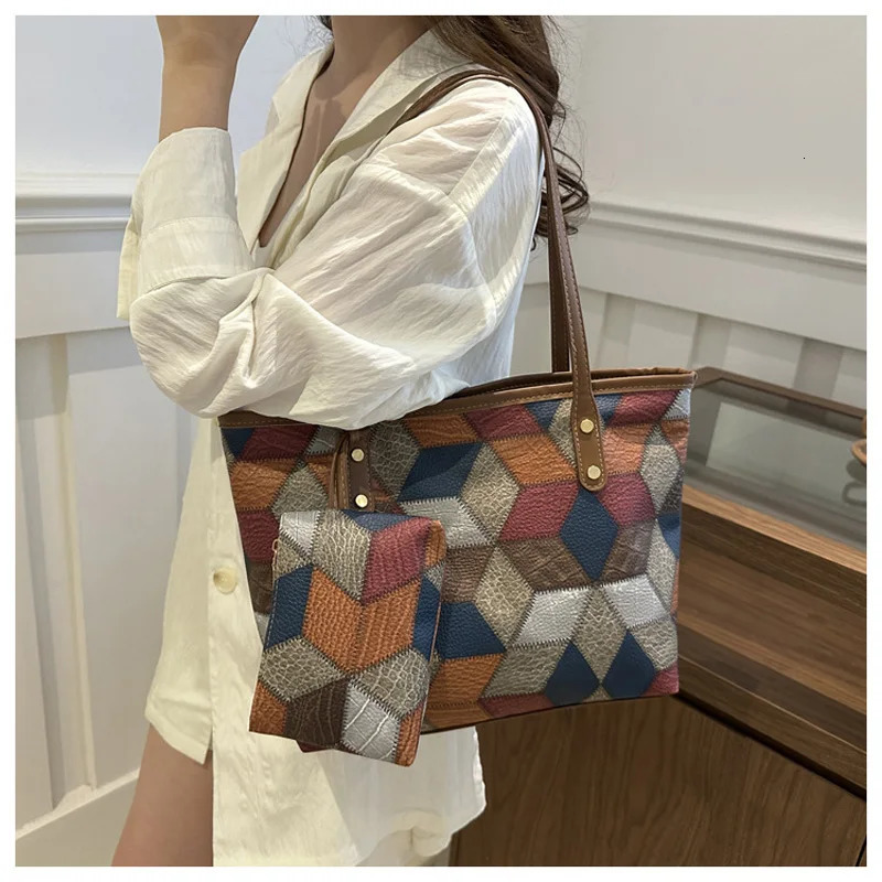 Vintage Patchwork PU Leather Casual Tote Bags For Women Large Capacity Shoulder Bag Ladies Handbags And Purses 250207