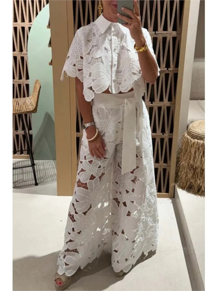 Sexy Lapel Single-breasted Shirt Top Wide-leg Pants 2-piece Set Women Fashion Solid Color Elegant Casual Hollow Suit Female 250206