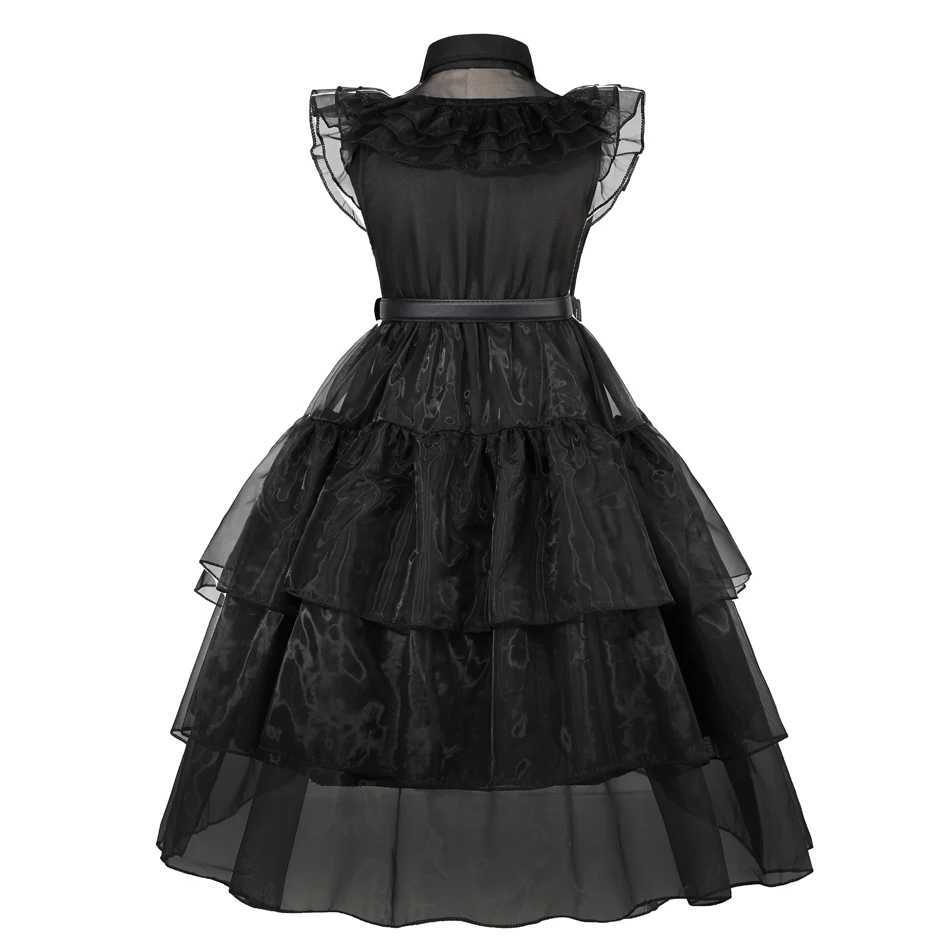 W-Wednesday Addams Costume Girl Kids Birthday Vestiddos Gothic Black Dress Halloween Princess Costume GirlXJ250117