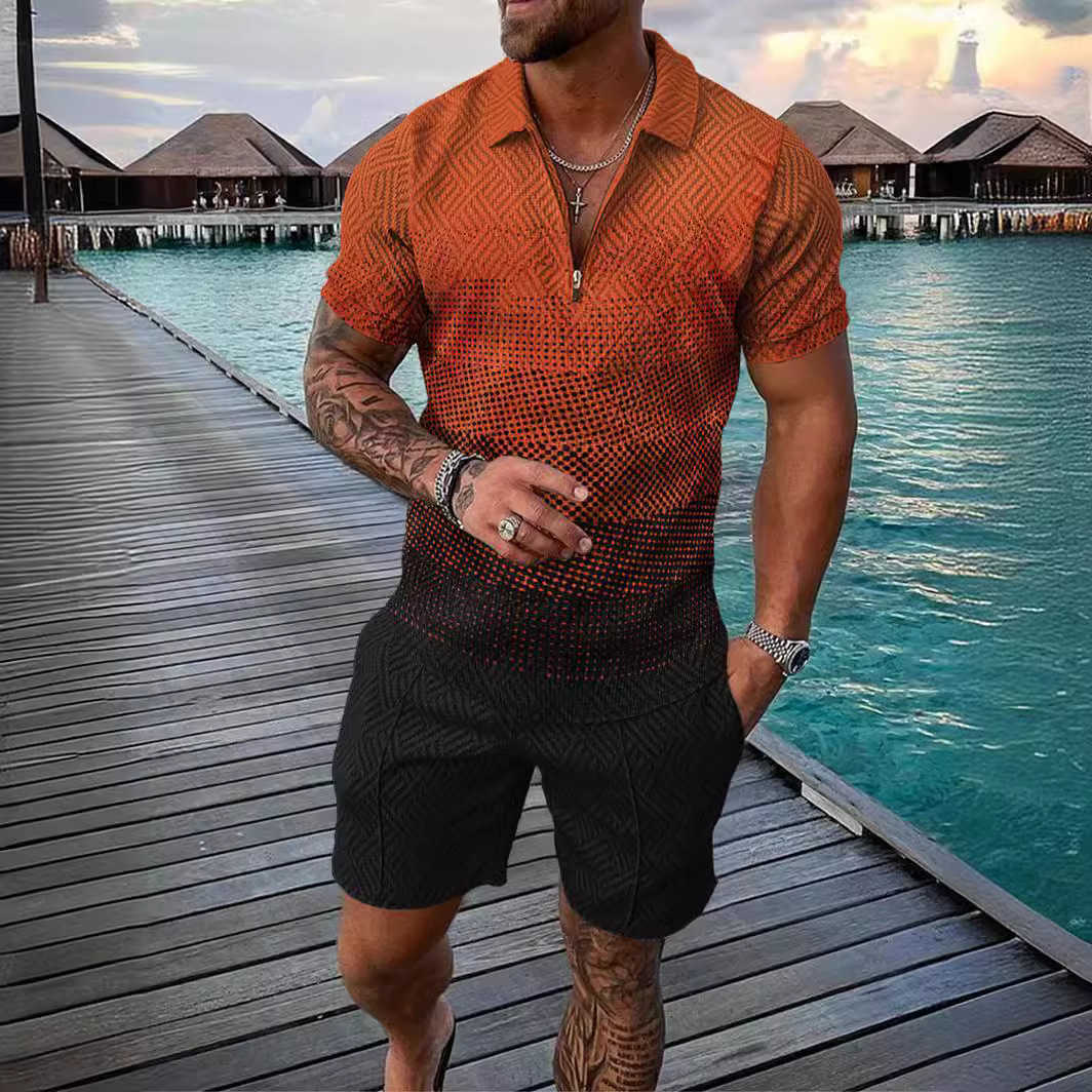 Summer 3D digital printing set for mens casual polo shirt set W250212