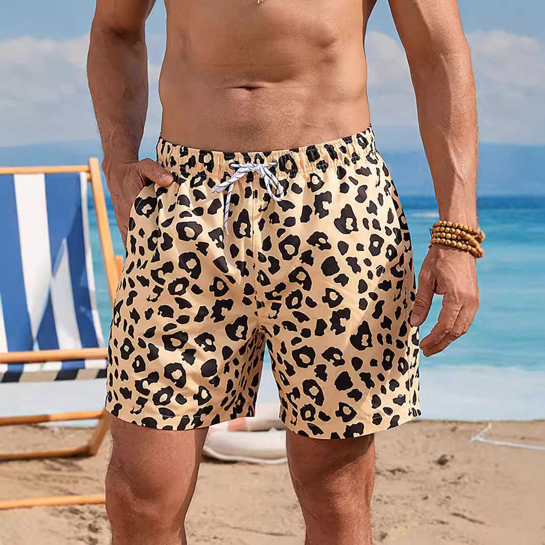 Mens leopard print beach pants mens quick drying water spray shorts loose fit plus size beach five quarter pants W250212