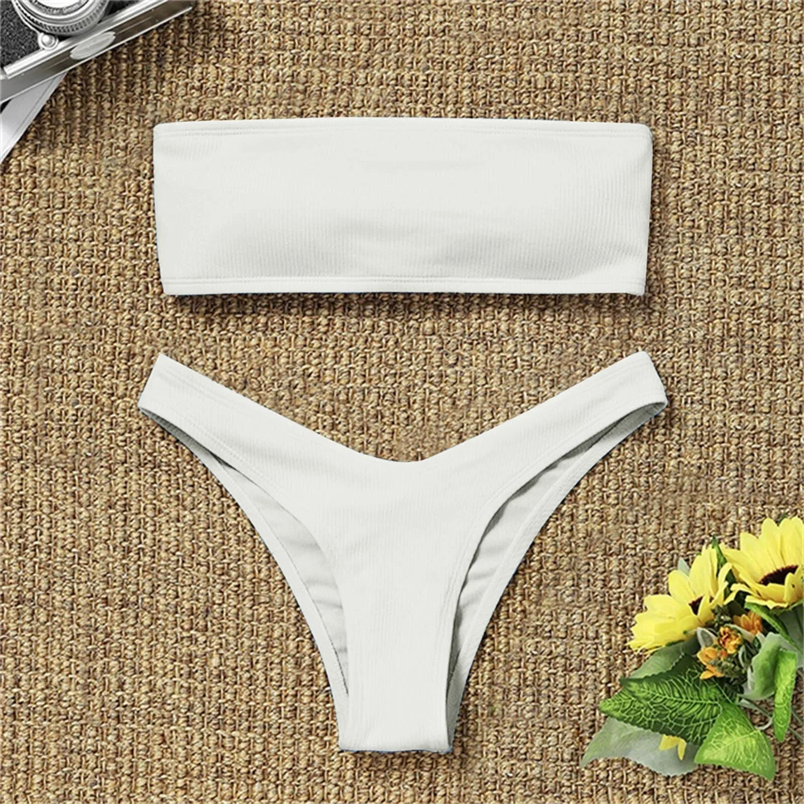 Sexy Bandeau Micro Bikini Set Women Swimwear Ribbed Solid Thong Biquini Swimsuit Strapless Beachwear Bathing Suit 2025 250211Z