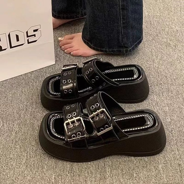 2025 new free shipping for womens designer sandals black sliver French style belt buckle thick soled height increasing slippers