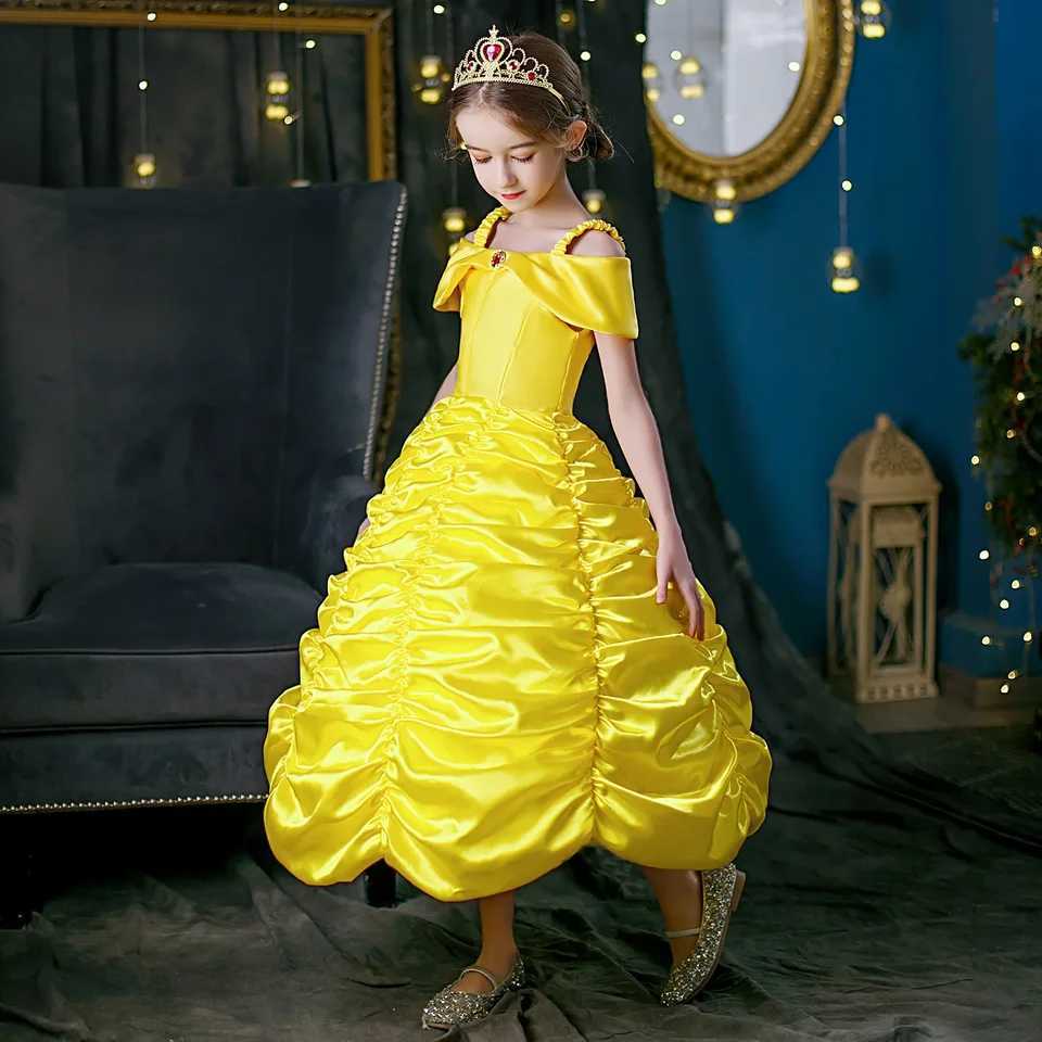 Yellow Princess Dress Halloween Cosplay Costumes Beau and The Beast Kid Dress For 2-10Y Girls Birthday Par Children ClothingXJ250117