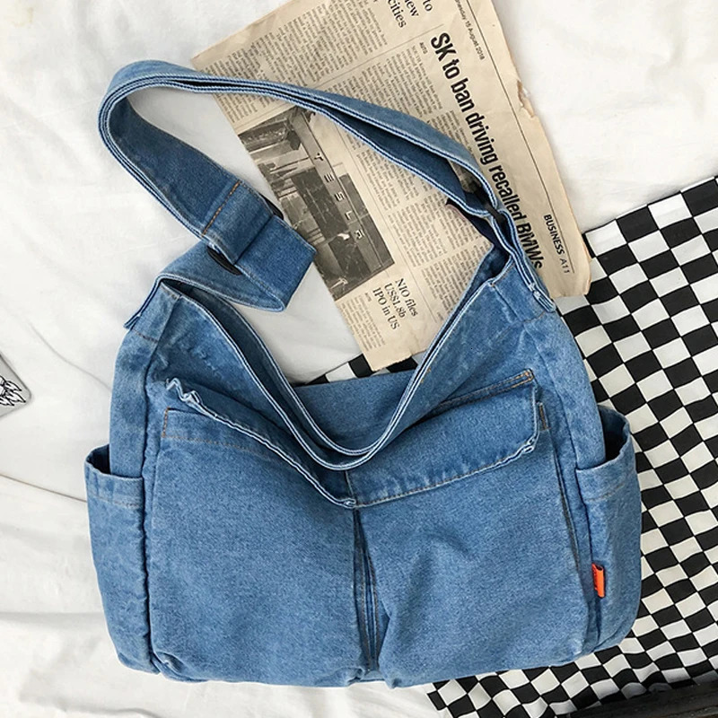 Preppy Style Denim Messenger Bags For Women Handbag And Purse In Multiple Pockets Unisex Cloth Shoulder 250207