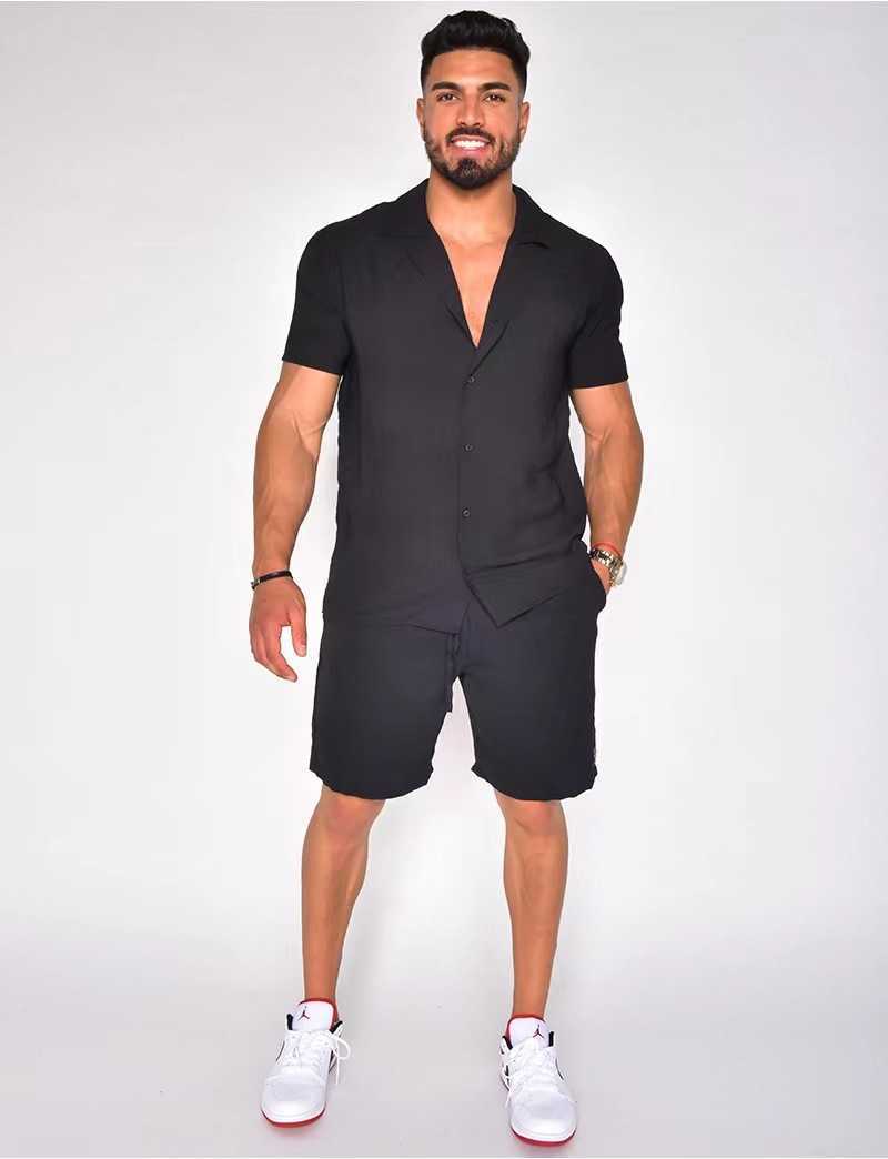 2023 Hawaiian Mens Summer Polo Collar Cotton Linen Solid Short Sleeve Shorts Set W250212