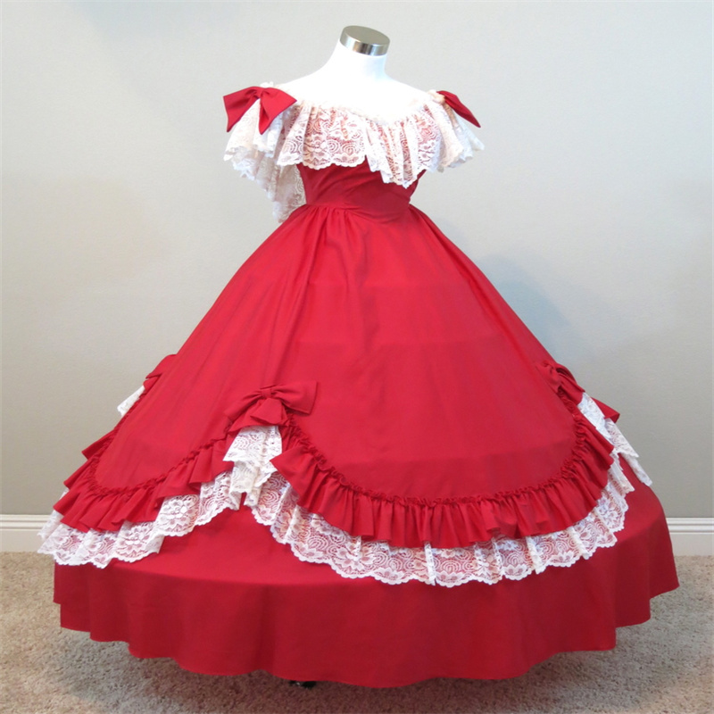 Victorian Gothic Red Prom Dress 1930s Off Shoulder Lace Civil War Evening Dress Costume Lolita Formal Birthday Dress Elegant Vestio De Gala 1860 Costu