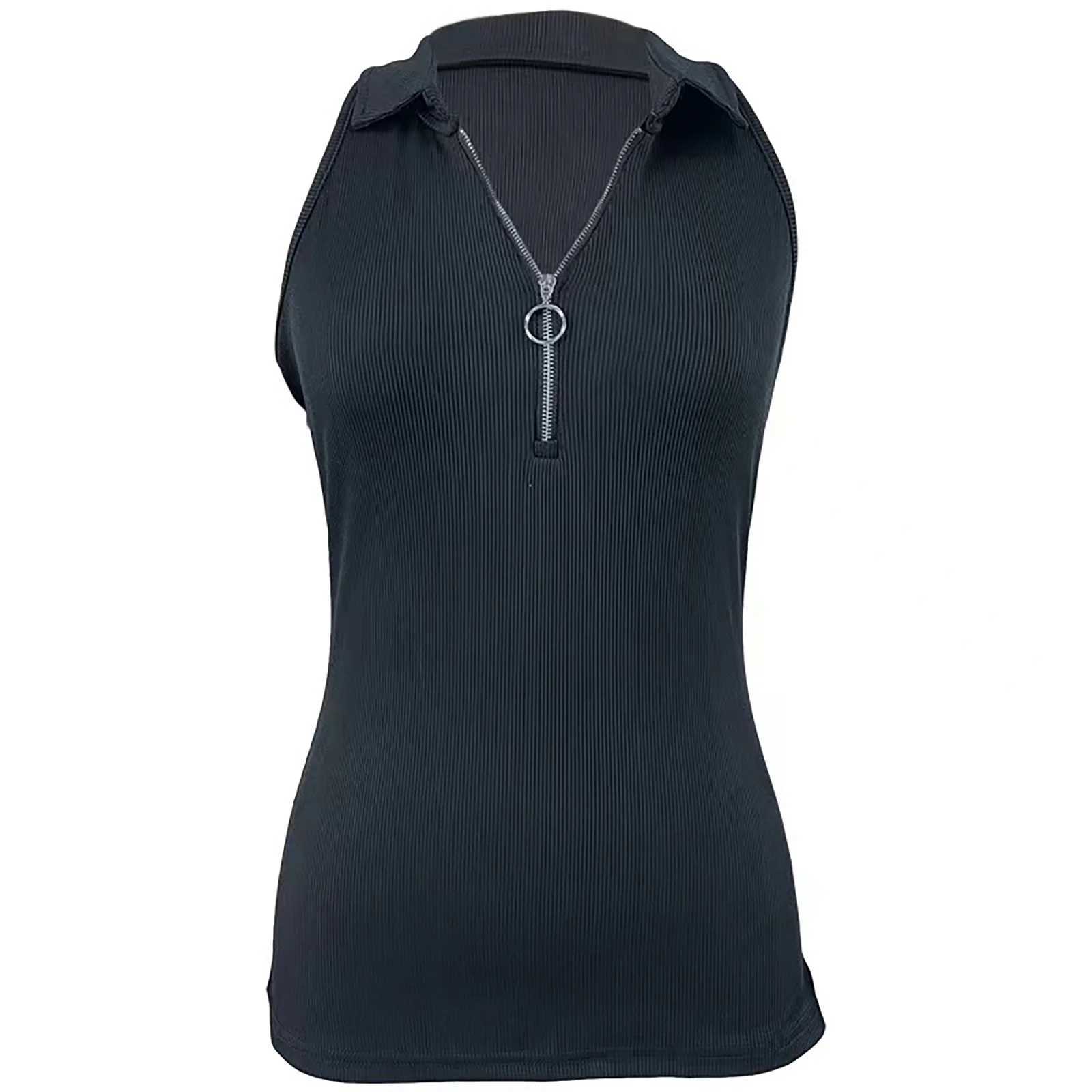 Europe and the United States new spring and summer solid color pit strip lapel zipper vest women fashion casual T-shirt womensXJ250212