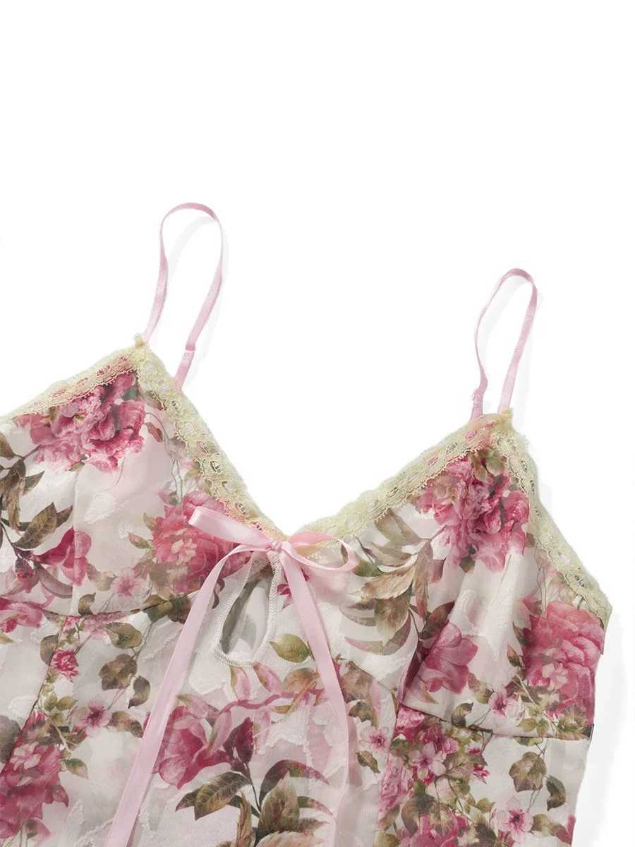 Women Spaghetti Strap Camisoles Floral Print V-Neck Tie-Up Front Sveless Sling Tank Tops Slim Fit Vests Crop Tops Y2k SummerXJ250212
