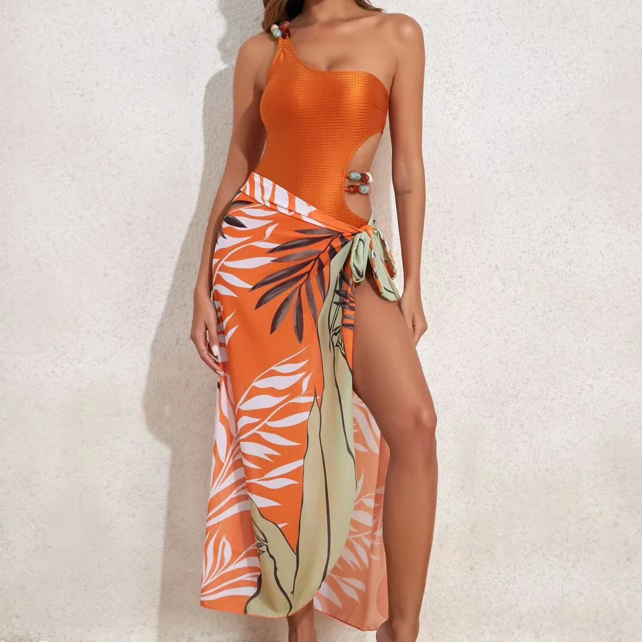 One Shoulder Cut Out One Piece Swimsuit Women Bather Bathing Suit Swim Multicolor Gemstone Strap Bikini Wrap Yarn Skirt Swimsuit 250210