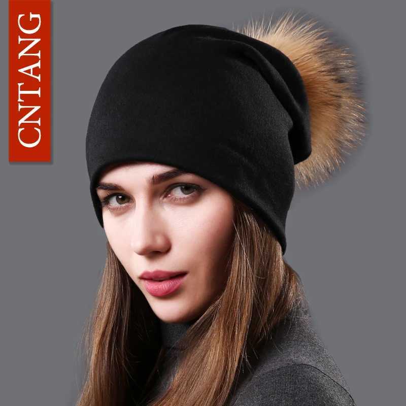 Warm Hat Natural Raccoon Fur Pp Beans Autumn Winter Warm Cotton Hat Rhinestone Fashion Hat X250212