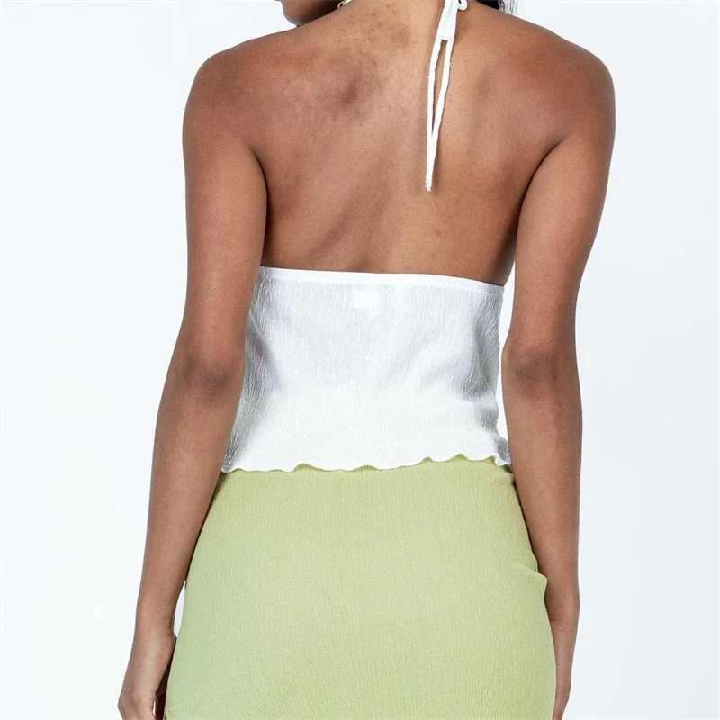 Women Y2k Front Tie Crop Tops Halter Neck Flowy Plisse Summer Going Out Top Sexy Split Sveless Cami Shirt StreetwearXJ250212
