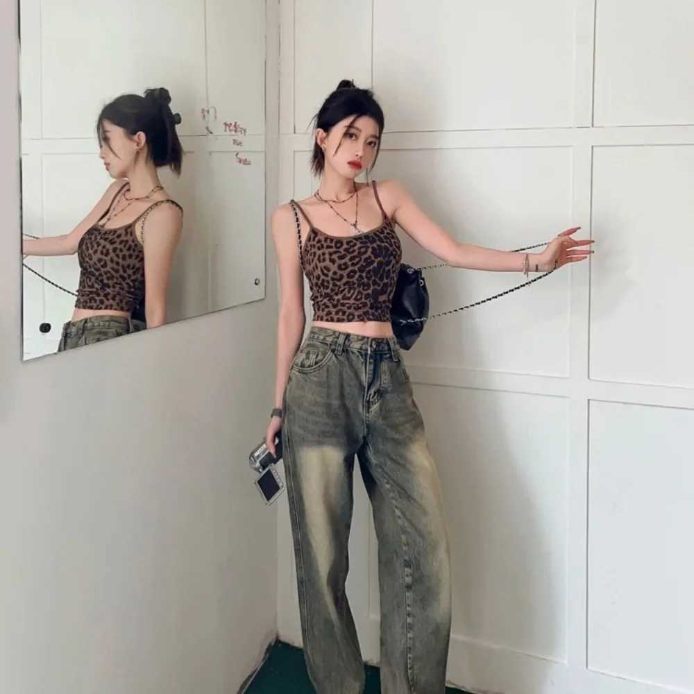 Summer Leopard Print Sling Fashion Temperament Look Slim Tube Top Cool Casual Sveless Top Beach VacationXJ250212