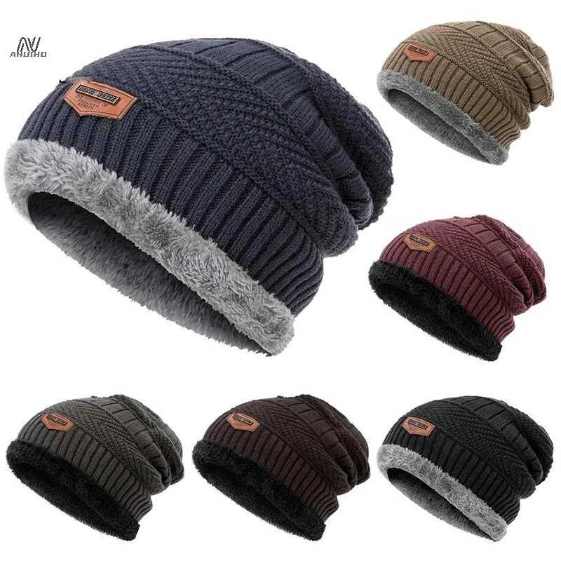 Mens Winter Hat Cotton Thicken Warm Beanies Hat Fashion Unisex Knitted Hats X250212