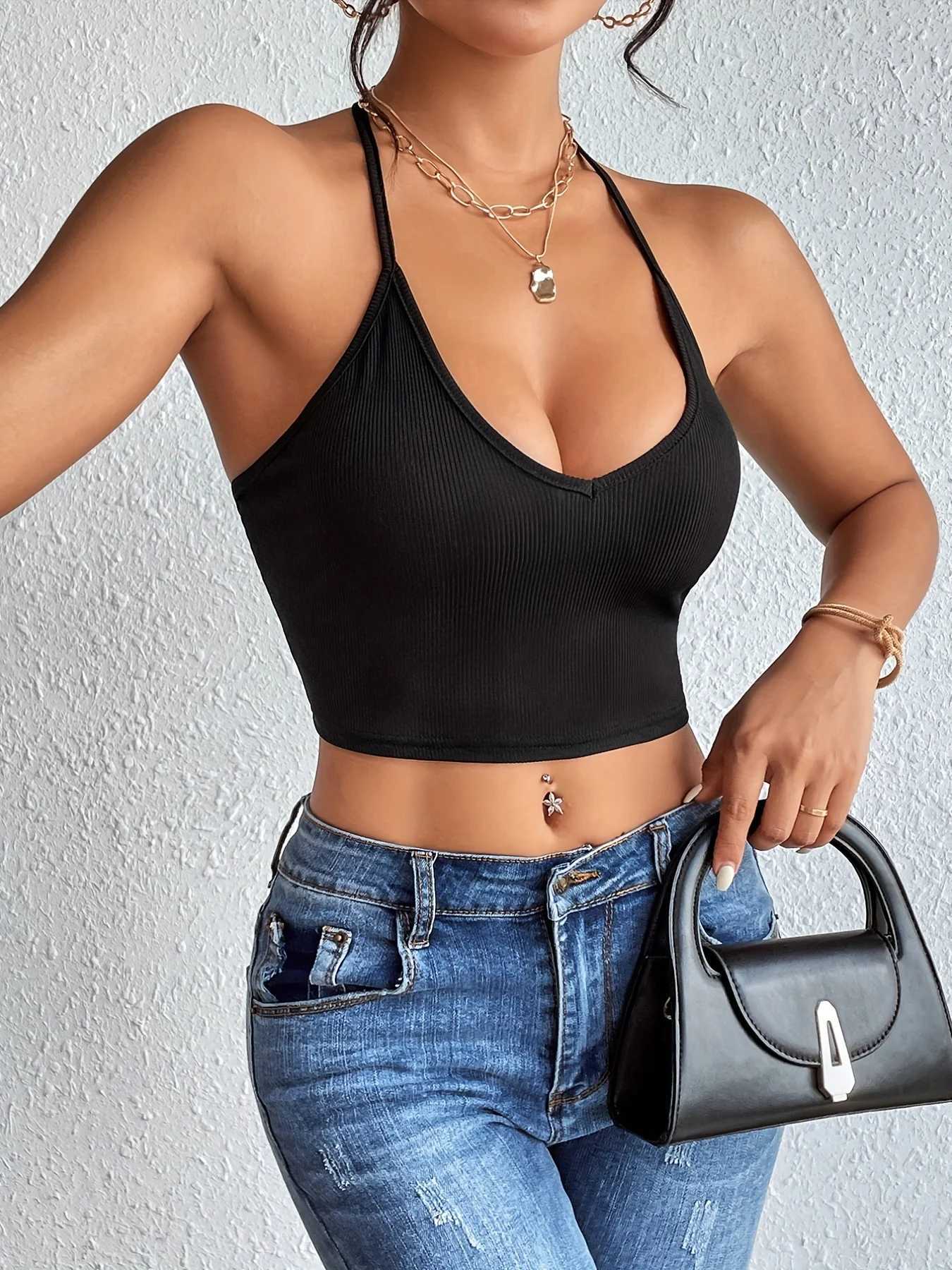 Chic Halter Neck Crop Top-Backless Criss Cross Detail-Perfect for Summer OutingsXJ250212