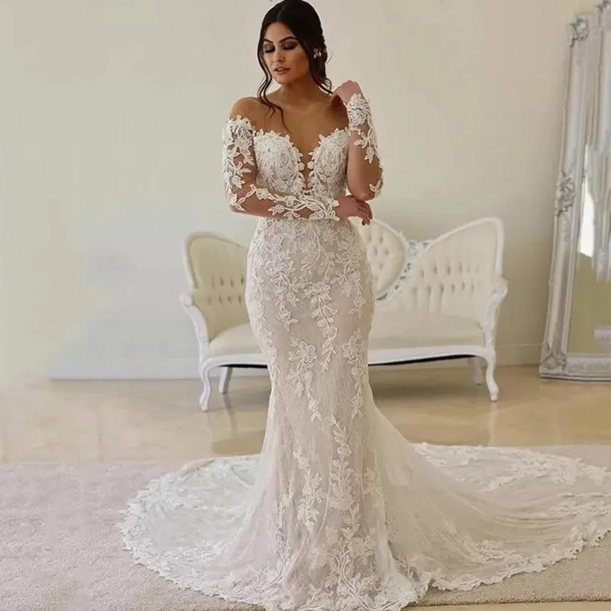 Sheer O-neck Mermaid Wedding Dresses Modest Lace Floral Long Sleeve Backless Bohemian Fishtail Bridal Gown abito sposa boho
